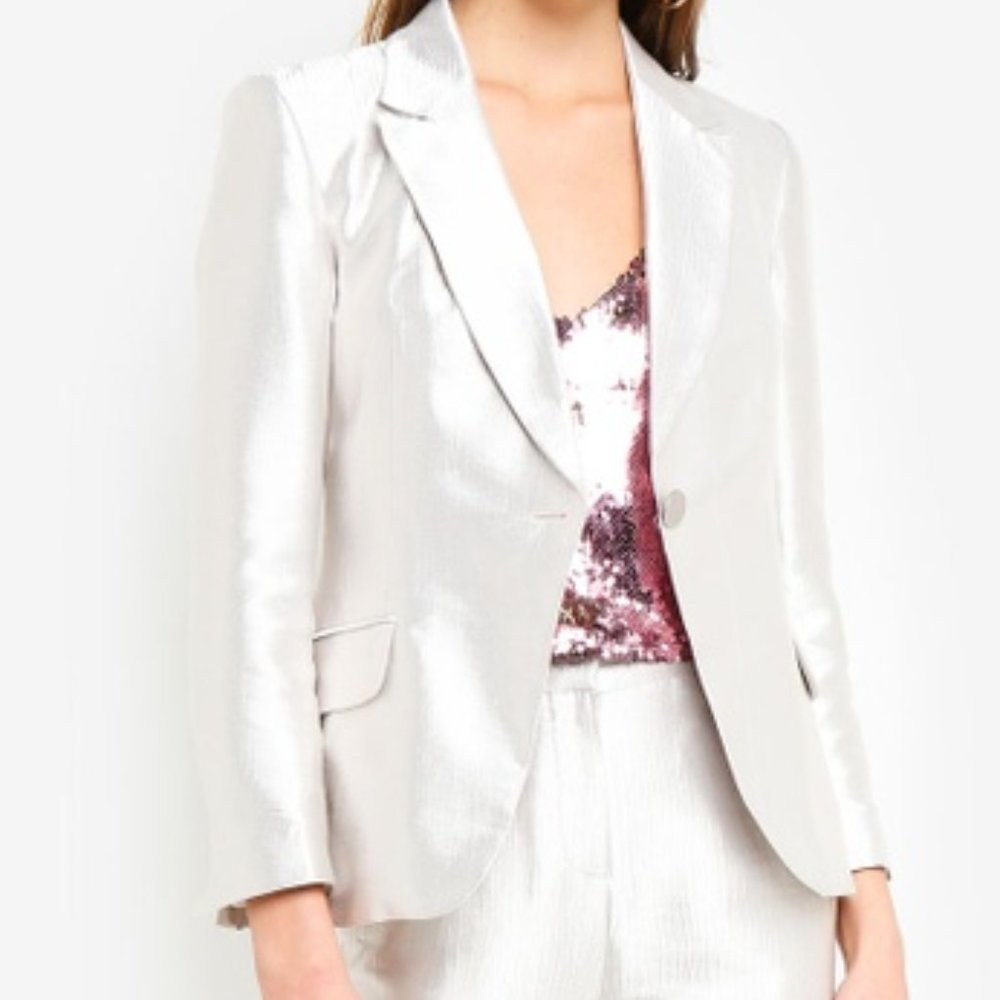 TOPSHOP SATIN SILVER SUIT SHINY LUXE JACKET SZ XS